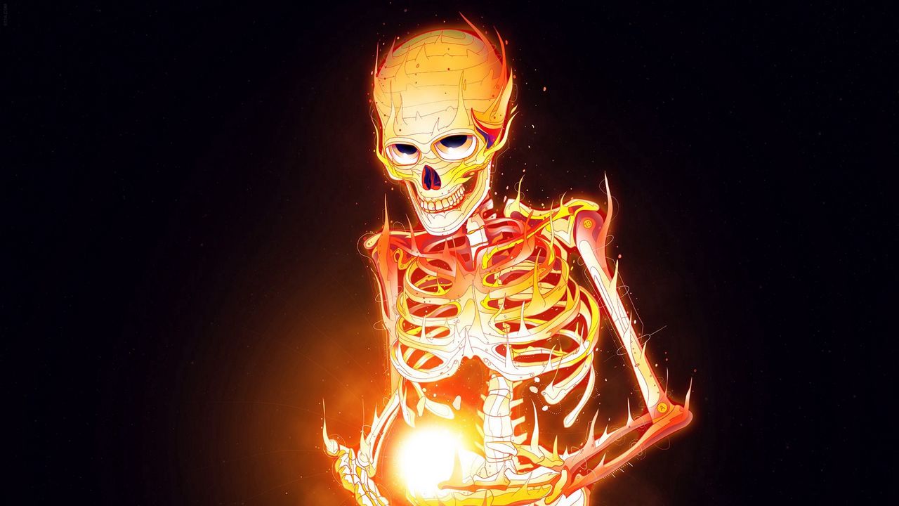 Обои скелет, кости, огонь, арт