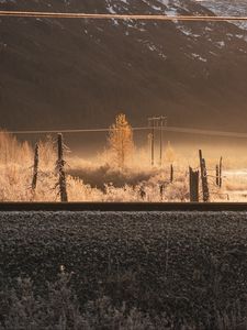 Превью обои склон, деревья, железная дорога, гора, природа