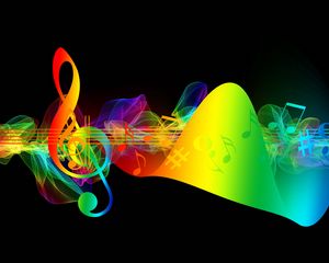 Превью обои скрипичный ключ, ноты, разноцветный, радужный