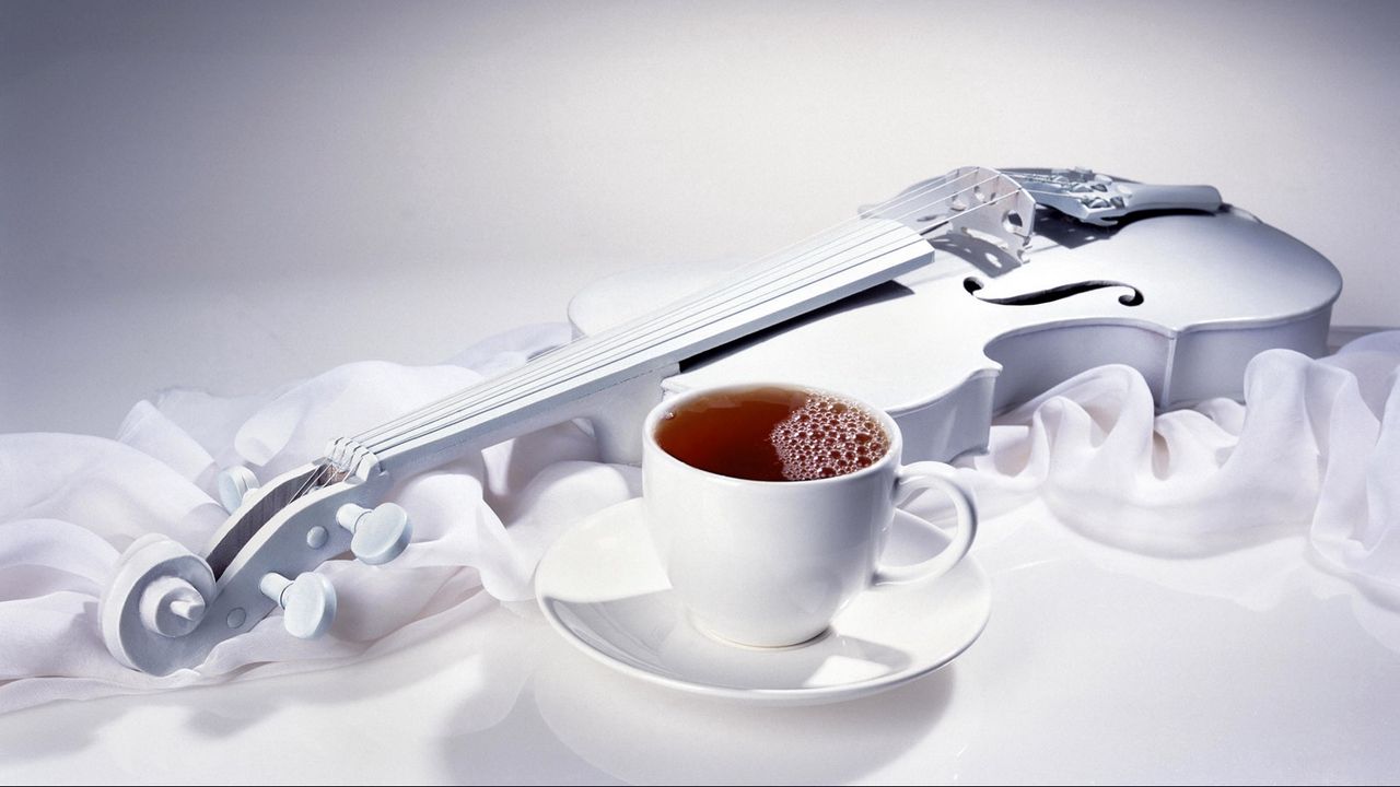 Обои скрипка, чай, чашка, напиток, ткань, шелк