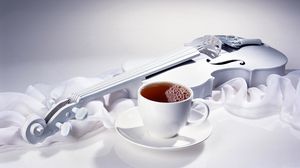 Превью обои скрипка, чай, чашка, напиток, ткань, шелк
