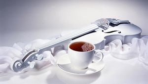 Превью обои скрипка, чай, чашка, напиток, ткань, шелк
