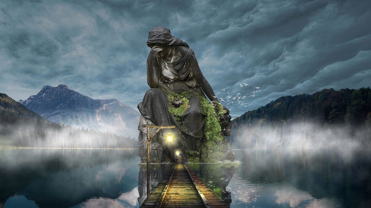 Обои скульптура, фотошоп, мост, сумерки, горы, небо