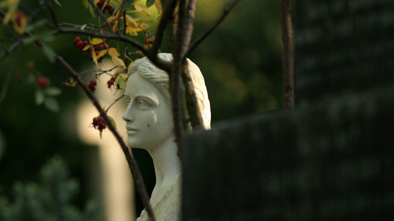 Обои скульптура, статуя, девушка, сад