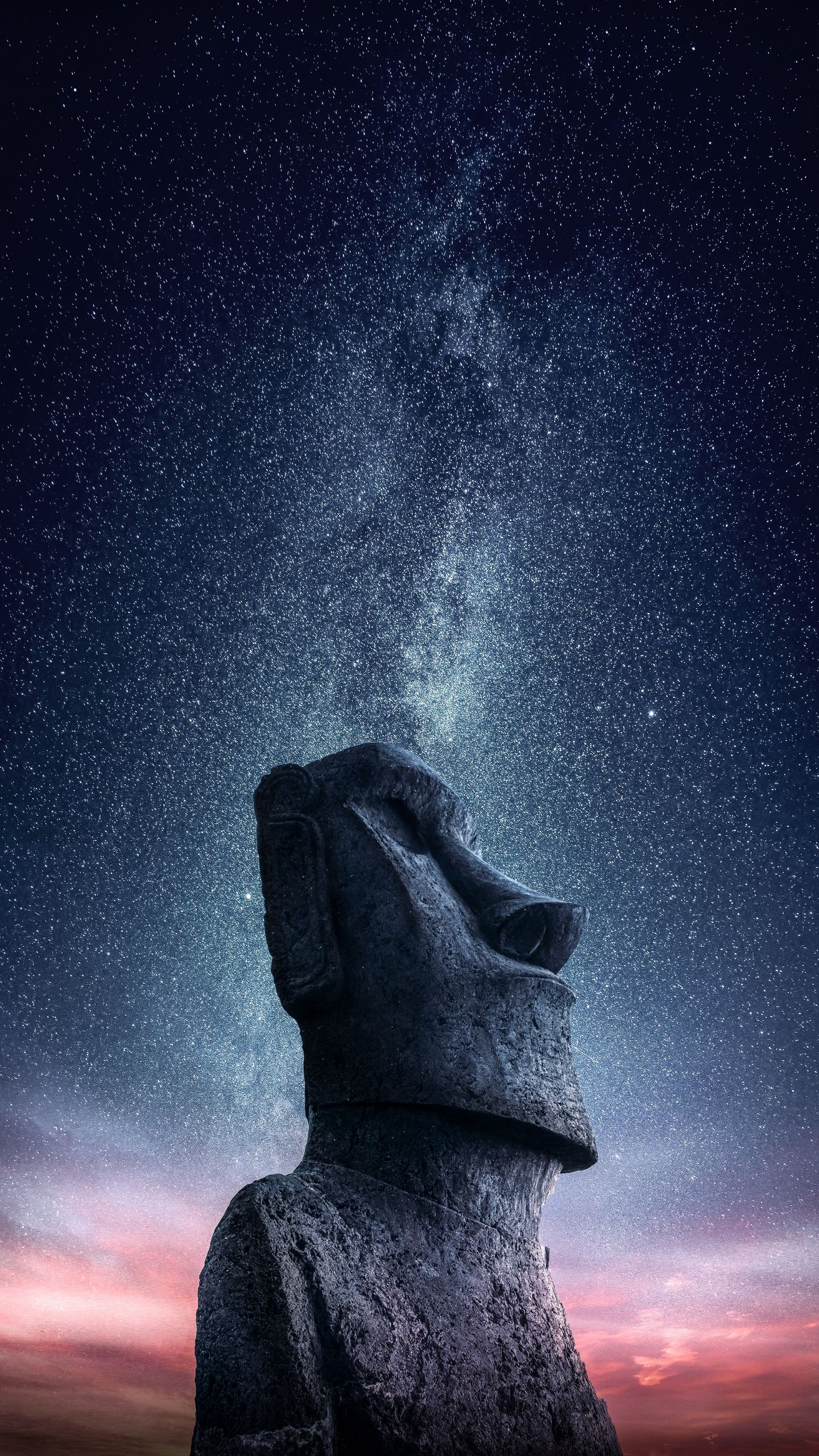 1440x2560 Обои моаи, статуя, идол, стров пасхи, звездное небо