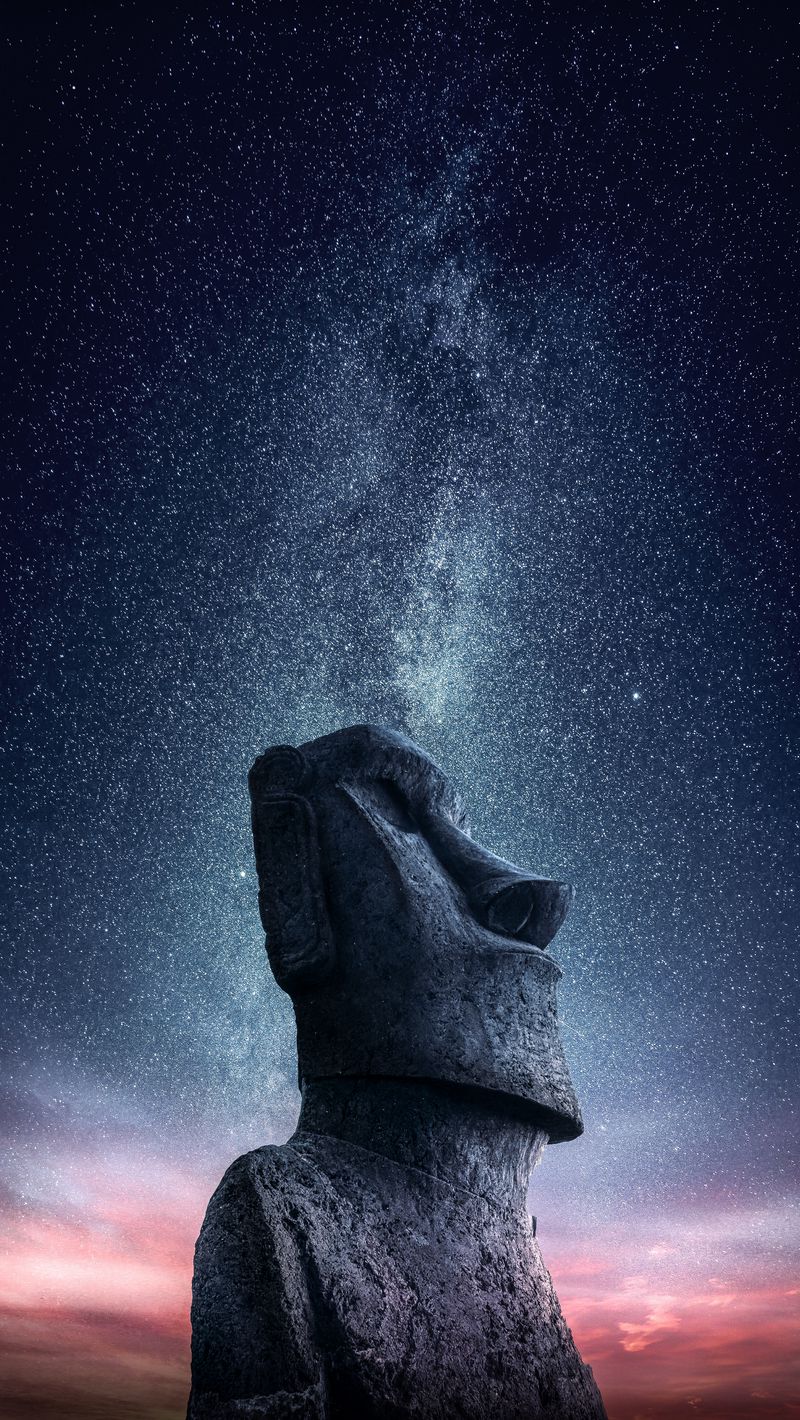 800x1420 Обои моаи, статуя, идол, стров пасхи, звездное небо