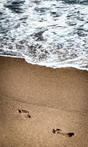 Превью обои следы, пляж, побережье, песок, море