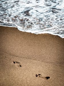 Превью обои следы, пляж, побережье, песок, море