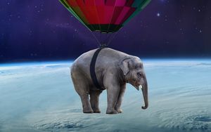 Превью обои слон, воздушный шар, аэростат, космос, невесомость