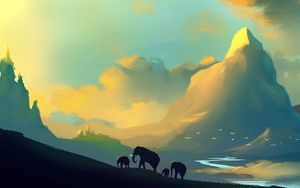 Превью обои слоны, пейзаж, картина, семья, дикая природа