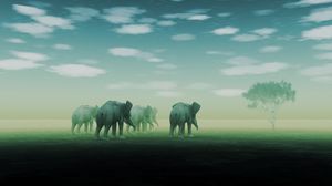 Превью обои слоны, туман, мираж, пустыня, арт