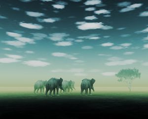 Превью обои слоны, туман, мираж, пустыня, арт