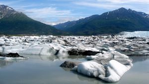 Превью обои снег, берег, вода, горы