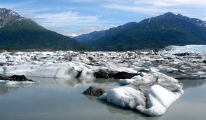 Превью обои снег, берег, вода, горы