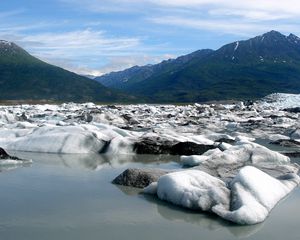 Превью обои снег, берег, вода, горы