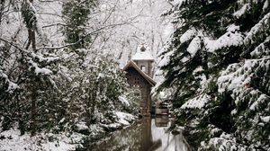 Превью обои снег, дом, река, деревья
