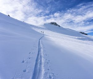 Превью обои снег, след, лыжники, силуэты, склон, гора