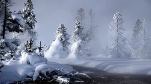 Превью обои снег, вода, туман, пар, ели, деревья, река