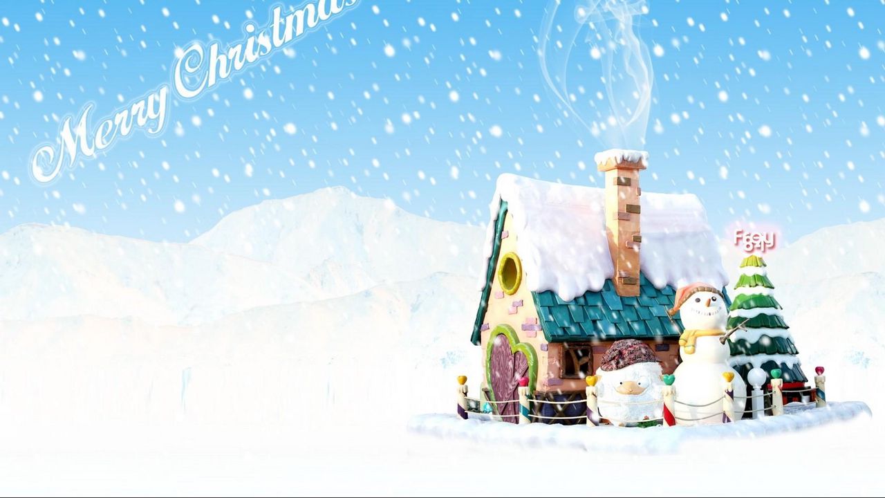 Обои снеговик, елка, дом, дым, снег, рождество, праздник, надпись