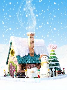 Превью обои снеговик, елка, дом, дым, снег, рождество, праздник, надпись