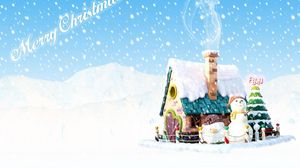 Превью обои снеговик, елка, дом, дым, снег, рождество, праздник, надпись