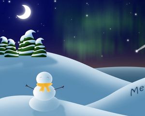 Превью обои снеговик, елки, небо, звезды, падение, луна, надпись, рождество