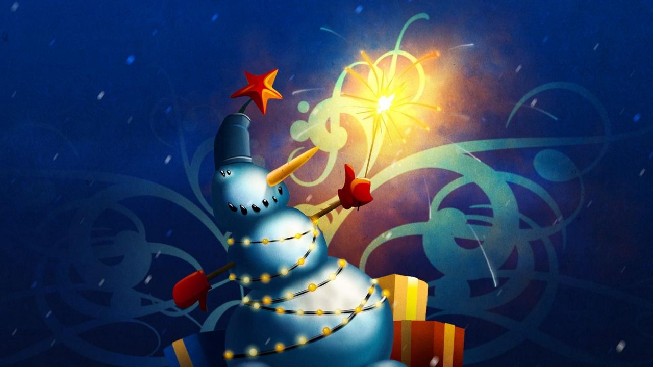 Обои снеговик, гирлянда, бенгальский огонь, подарки, праздник