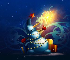 Превью обои снеговик, гирлянда, бенгальский огонь, подарки, праздник