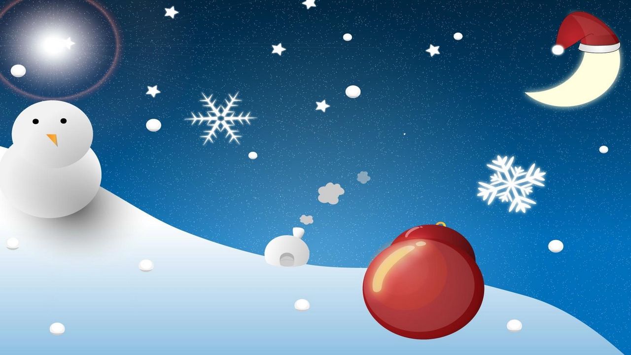 Обои снеговик, луна, рождество, снежинки, елочная игрушка, шар