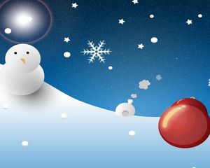 Превью обои снеговик, луна, рождество, снежинки, елочная игрушка, шар