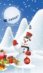 Превью обои снеговик, подарки, олени, сани, полет, луна, елки, надпись, рождество, новый год