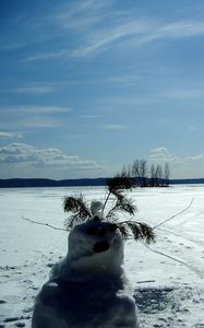 Превью обои снеговик, поле, следы, деревья