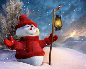 Превью обои снеговик, посох, фонарь, 3d графика, зима, снег, горы, ёлка