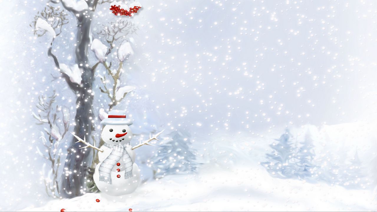Обои снеговик, шарфик, пуговицы, дерево, ягоды, ёлки, снегопад
