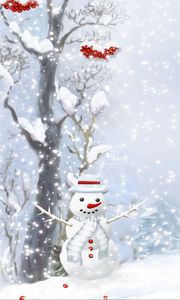 Превью обои снеговик, шарфик, пуговицы, дерево, ягоды, ёлки, снегопад