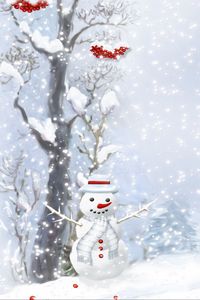 Превью обои снеговик, шарфик, пуговицы, дерево, ягоды, ёлки, снегопад