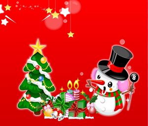 Превью обои снеговик, удивление, елка, подарки, свечи, звезды