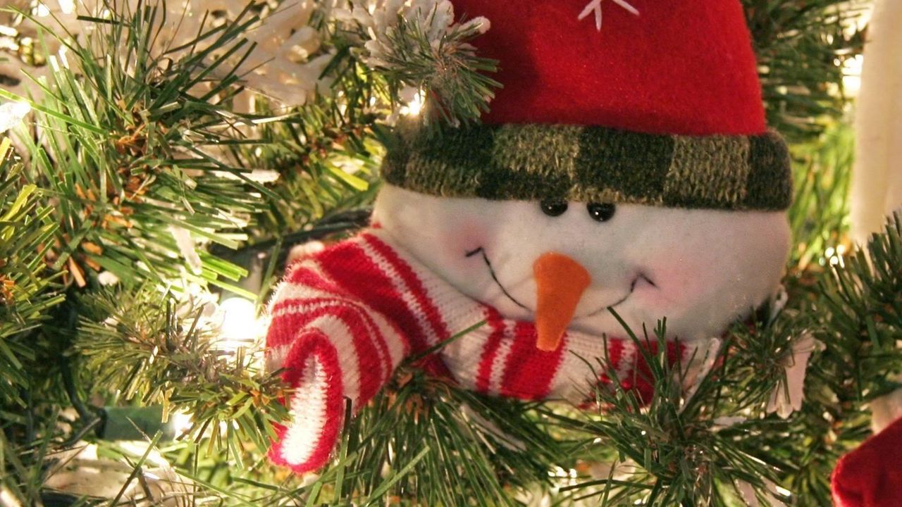 Обои снеговик, улыбка, елка, хвоя, праздник, новый год, рождество