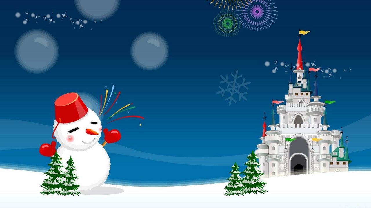 Обои снеговик, замок, салют, праздник, елки, рождество