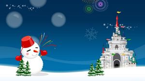 Превью обои снеговик, замок, салют, праздник, елки, рождество