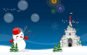 Превью обои снеговик, замок, салют, праздник, елки, рождество