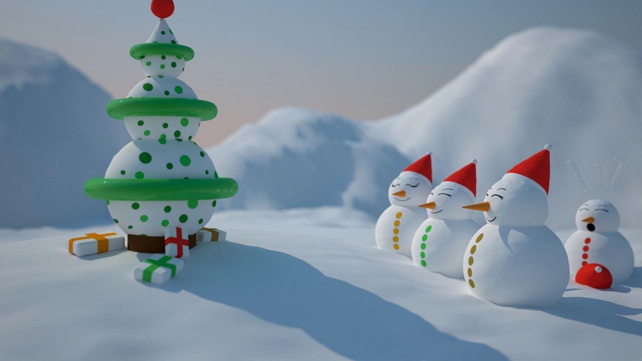 Обои снеговики, ряд, елка, подарки, снег, праздник