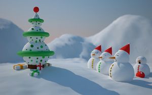 Превью обои снеговики, ряд, елка, подарки, снег, праздник