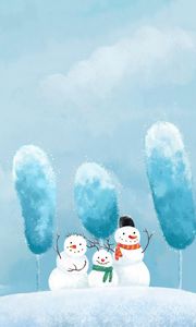 Превью обои снеговики, три, друзья, улыбки, вьюга, зима