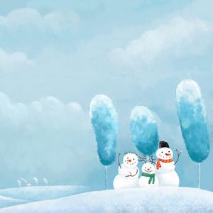 Превью обои снеговики, три, друзья, улыбки, вьюга, зима