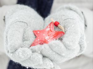Превью обои снежинка, руки, перчатки, зима