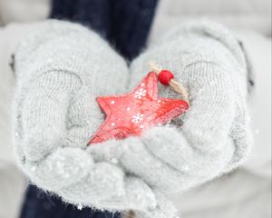 Превью обои снежинка, руки, перчатки, зима