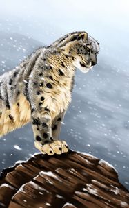 Превью обои снежный барс, большая кошка, хищник, взгляд, камни, арт