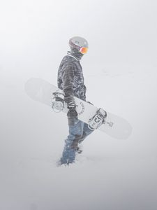 Превью обои сноубордист, сноуборд, снег, метель, человек