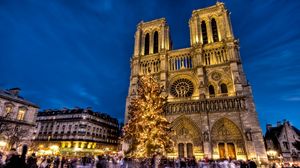 Превью обои собор парижской богоматери, нотр-дам-де-пари, париж, франция, площадь, новый год, елка, праздник